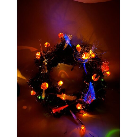 Other - Halloween Wreath Fiber Optic Changing Color Black Pumpkins 14" Jack O Lanterns